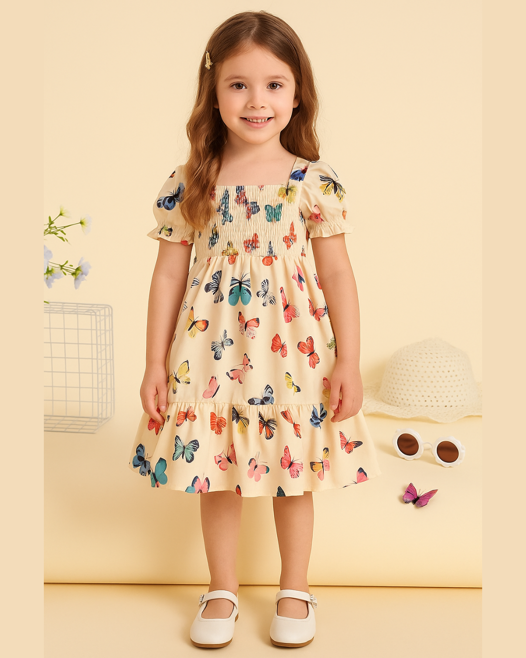 Cream Color Butterfly Printed Short Sleeve Kids Dress