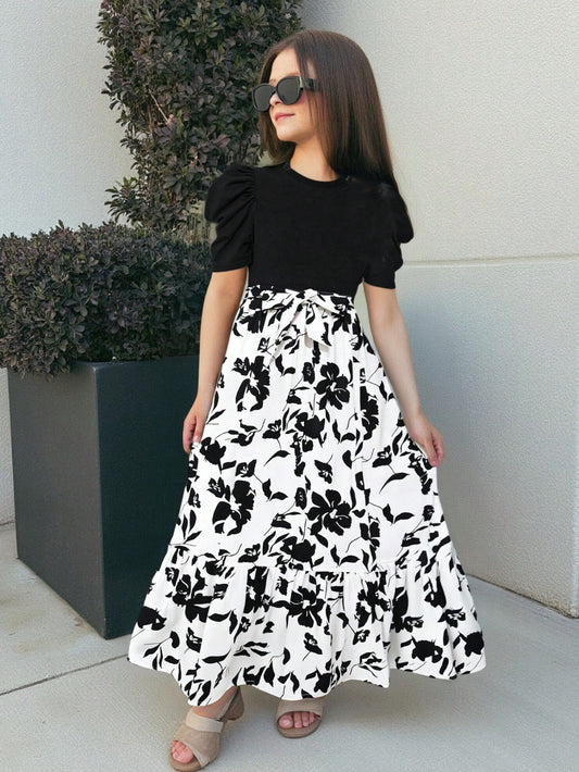 Monochrome Blossom Long Dress