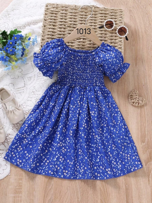 Blue Color Floral Printed Short Sleeve Midi Baby Dress