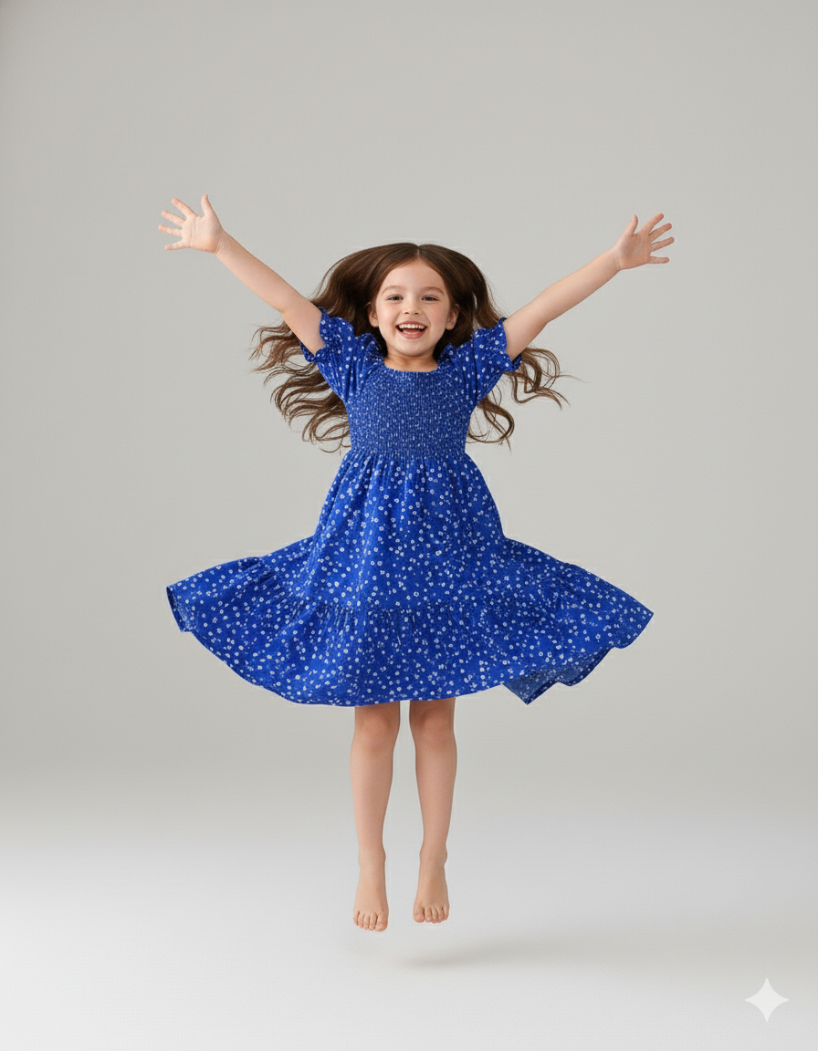 Blue Color Floral Printed Short Sleeve Midi Baby Dress