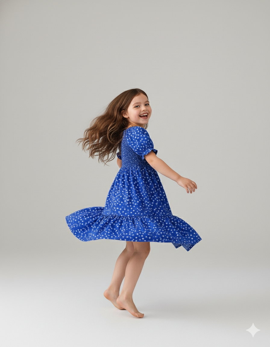Blue Color Floral Printed Short Sleeve Midi Baby Dress