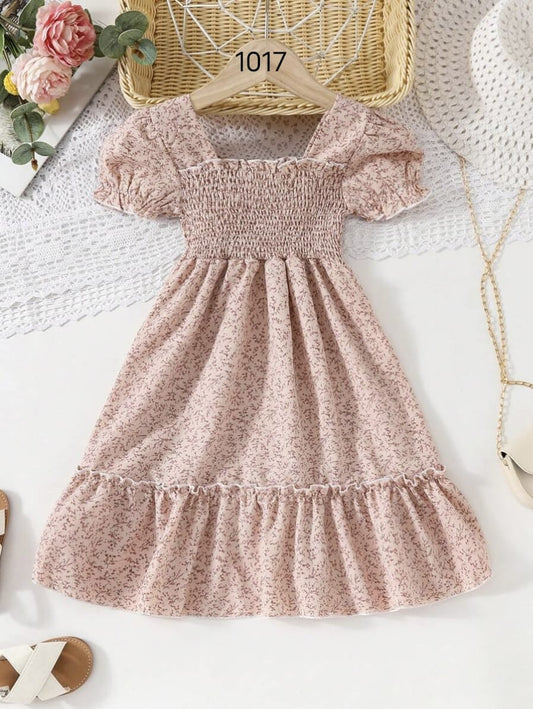 Cream Color Floral Printed Short Sleeve A-Line Girls Dress