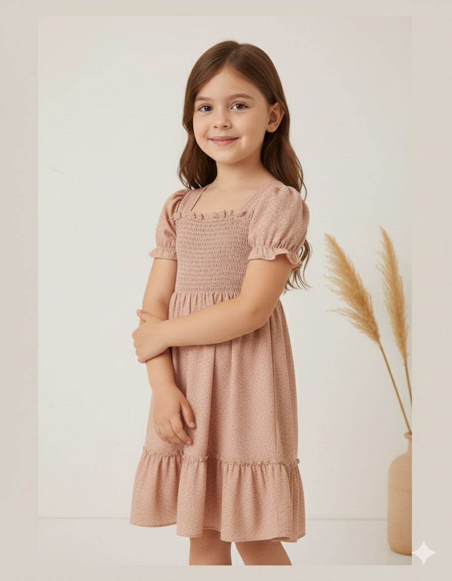 Cream Color Floral Printed Short Sleeve A-Line Girls Dress
