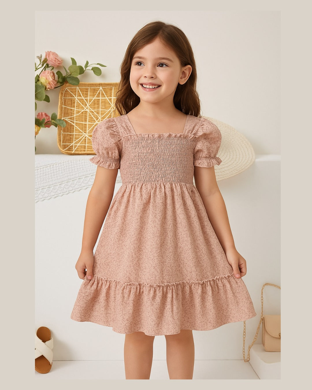 Cream Color Floral Printed Short Sleeve A-Line Girls Dress