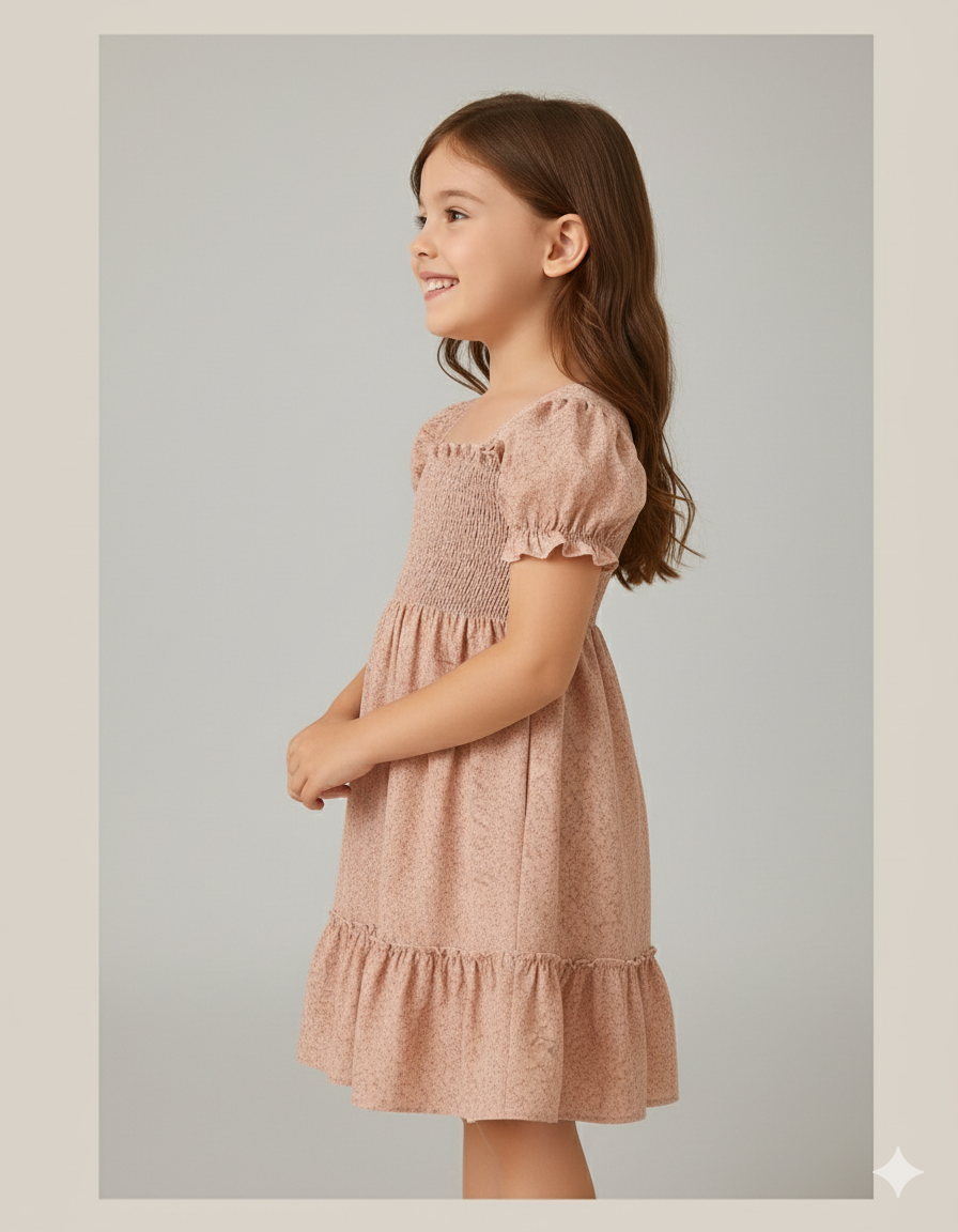 Cream Color Floral Printed Short Sleeve A-Line Girls Dress
