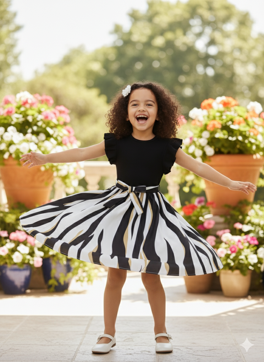Black & White Flutter Sleeve Cotton Spandex Dress with Bow