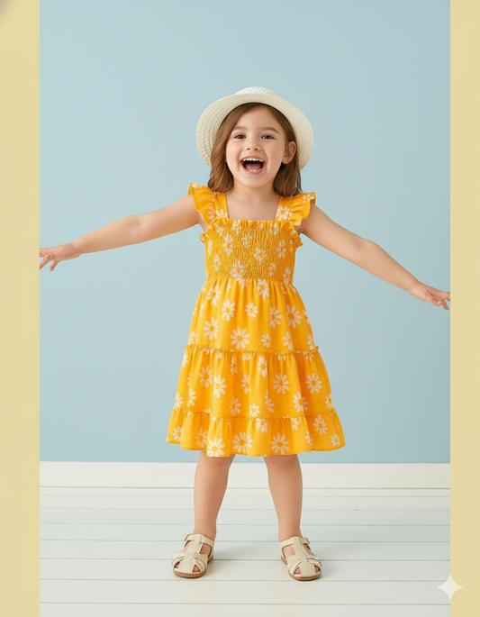 Yellow Floral Printed Sleeve less Girls Dress