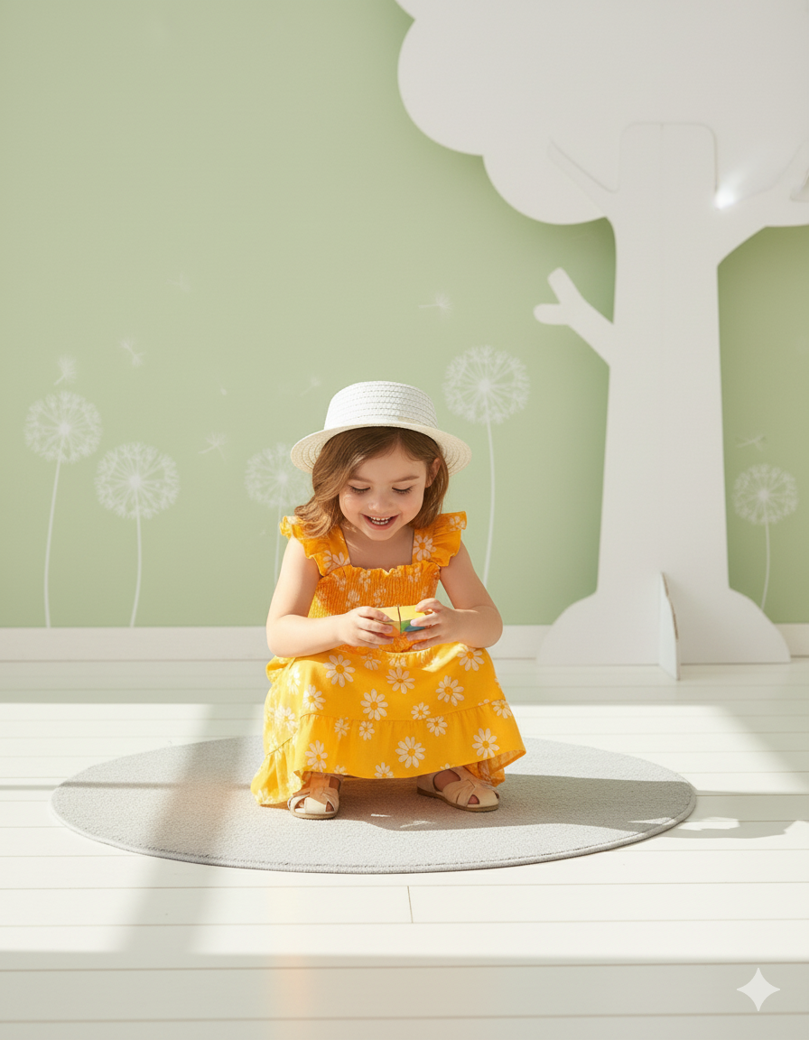 Yellow Floral Printed Sleeve less Girls Dress