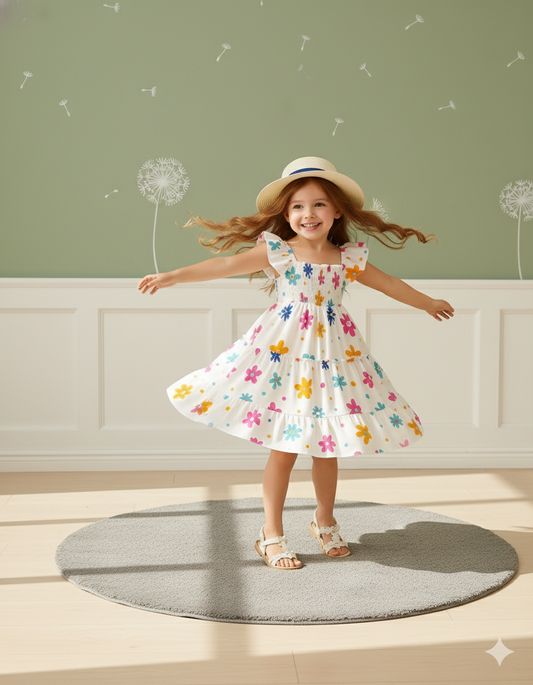 White Color Floral Printed Flared Sleeve Kids Baby Frock