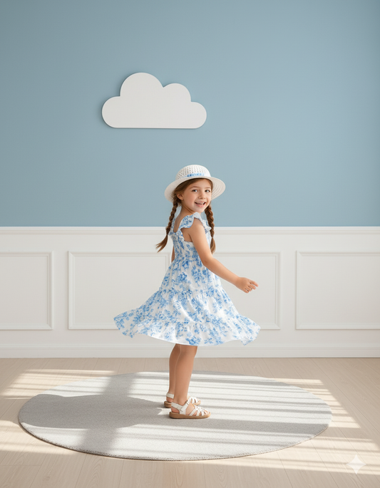 White Floral Printed Flared Sleeve Girls Dress