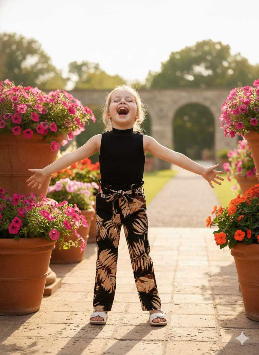 Tropical Leaf Print Pant & Black Sleeveless Top Set – Cotton Spandex
