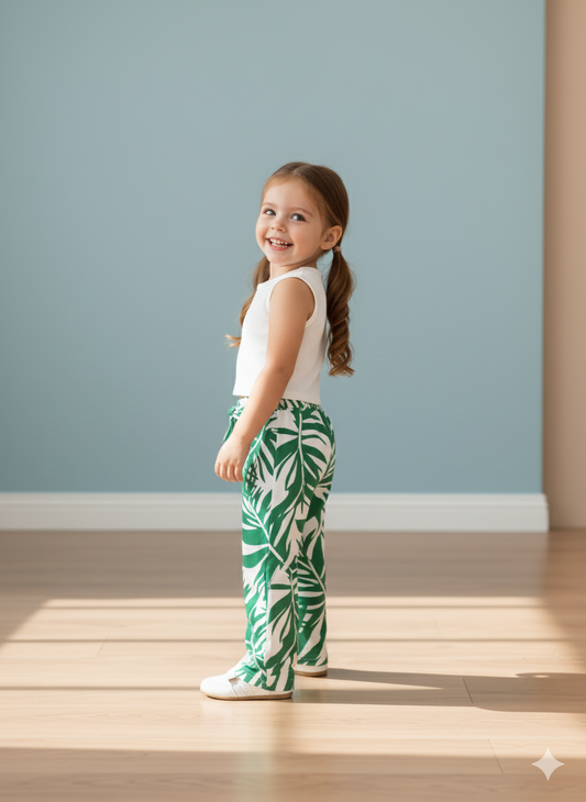 Tropical Leaf Print Pant & White Crop Top Set – Cotton Spandex