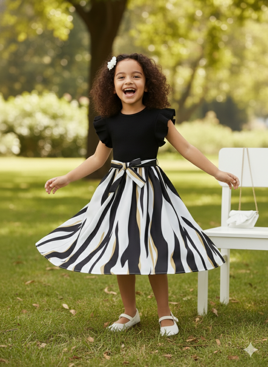 Black & White Flutter Sleeve Cotton Spandex Dress with Bow
