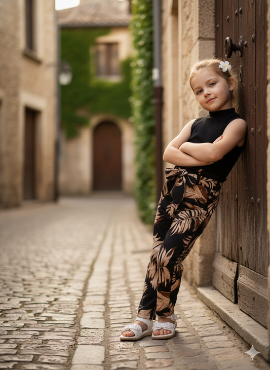 Tropical Leaf Print Pant & Black Sleeveless Top Set – Cotton Spandex