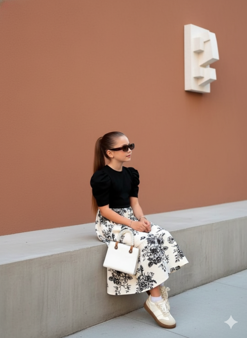 Monochrome Blossom Long Dress
