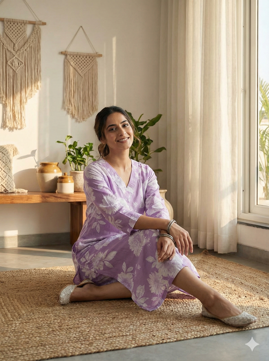 Lavender & White Floral Print Midi Dress - V-Neck Cotton Shift Dress