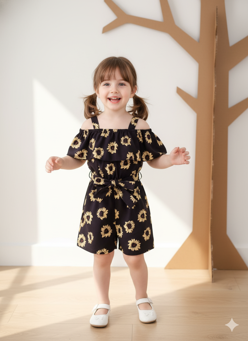 Sunflower Print Off-Shoulder Jumpsuit – Cotton Spandex