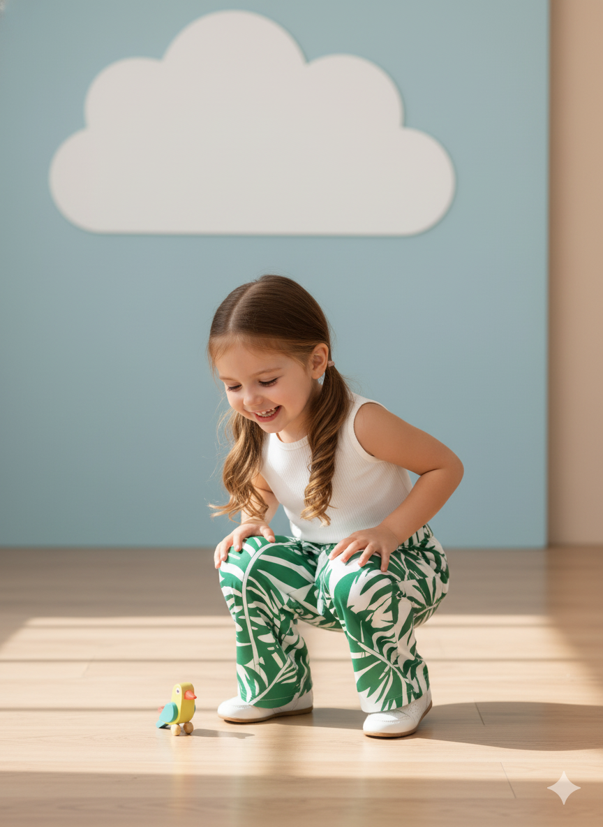 Tropical Leaf Print Pant & White Crop Top Set – Cotton Spandex