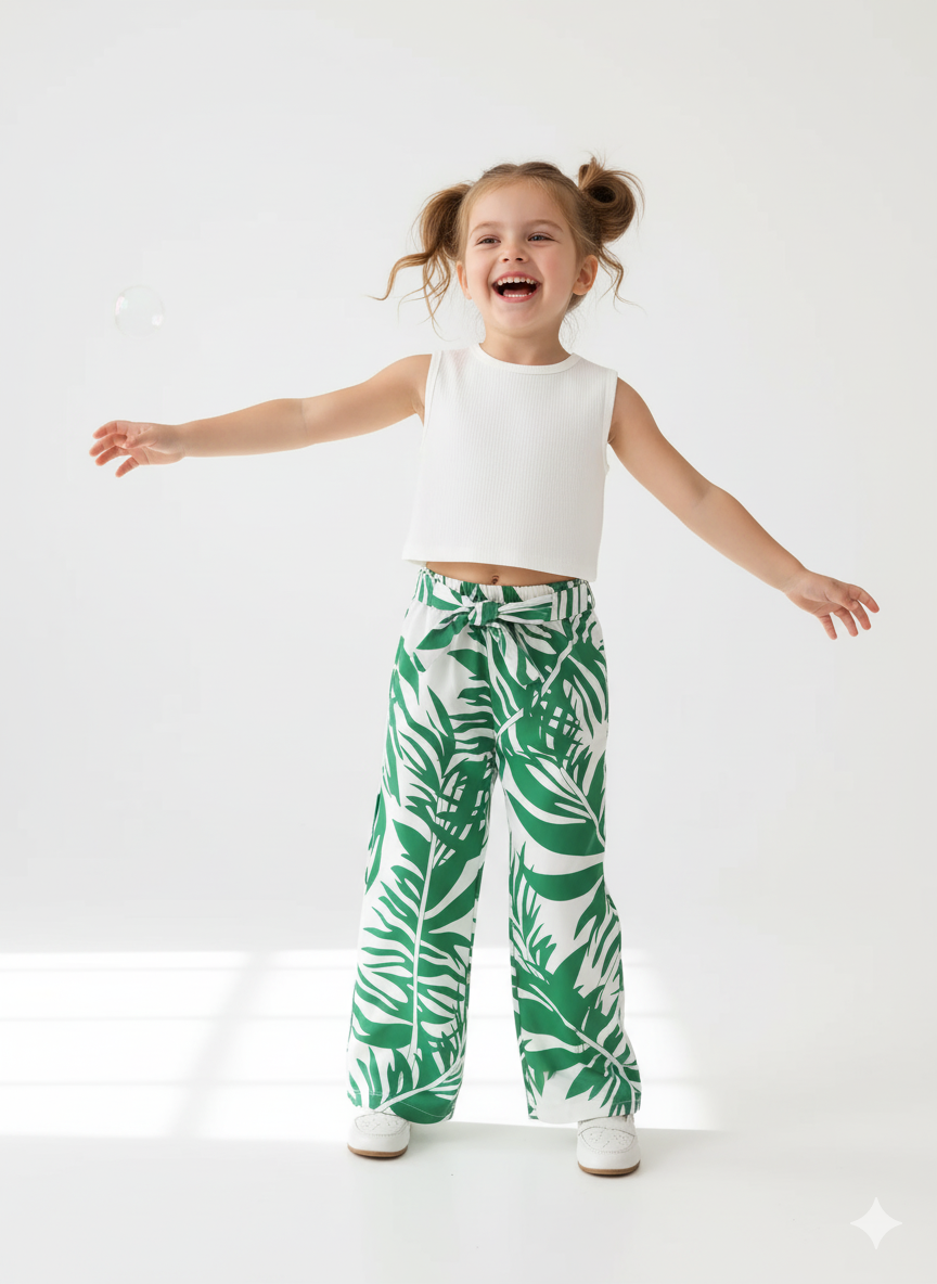 Tropical Leaf Print Pant & White Crop Top Set – Cotton Spandex