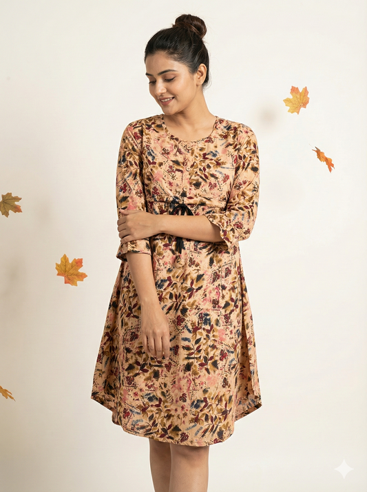 Beige Leaf Print Midi Dress with Drawstring Waist - 3/4 Sleeve Casual A-Line