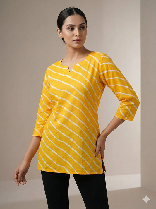 Leheriya Print Cotton Tunic Top - Short Kurti with 3/4 Sleeves (Yellow / Orange)