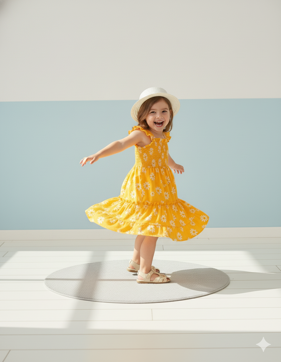 Yellow Floral Printed Sleeve less Girls Dress