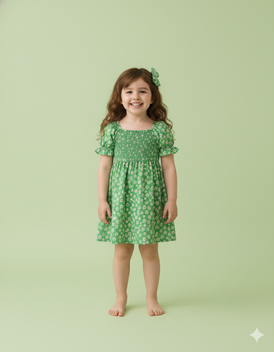Green Color Flower Printed Short Sleeve Baby Girl Dresses