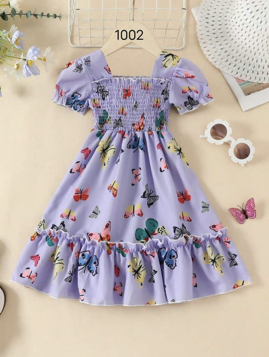 Purple Color Butterfly Printed Short Sleeve Kids Dress