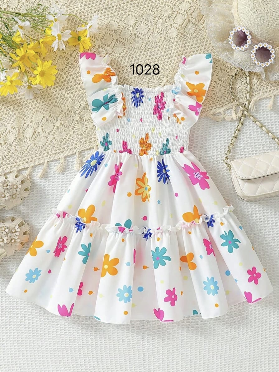White Color Floral Printed Flared Sleeve Kids Baby Frock