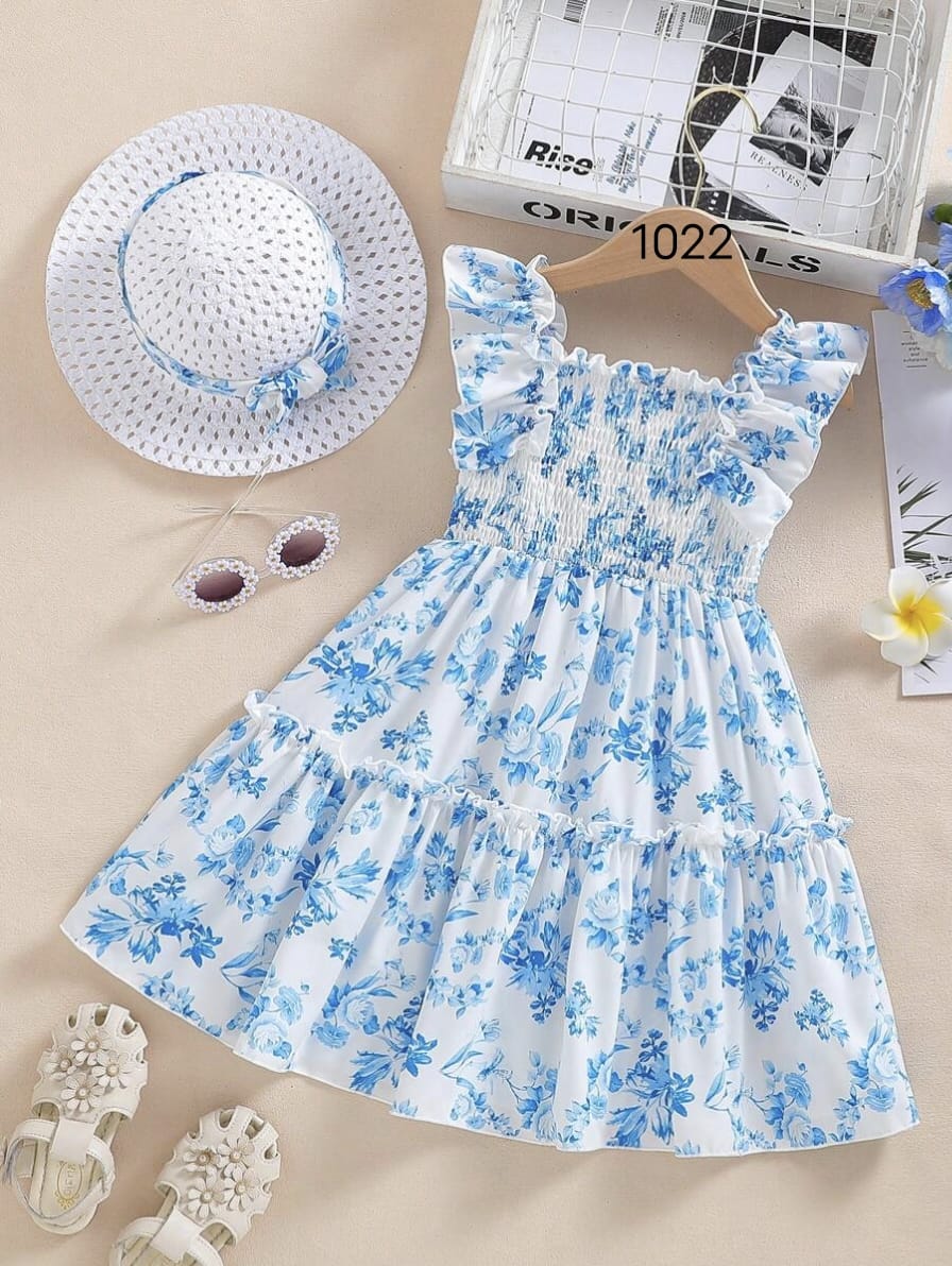 White Floral Printed Flared Sleeve Girls Dress