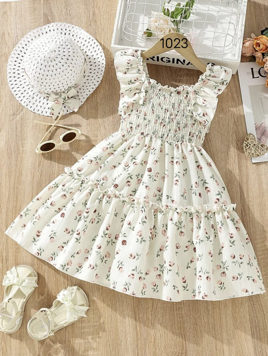 White Floral Printed Flared Sleeve Baby Dress