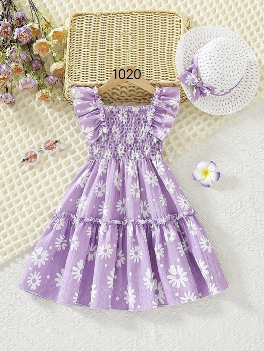 Purple Flower Printed Flared Sleeve Baby Dress
