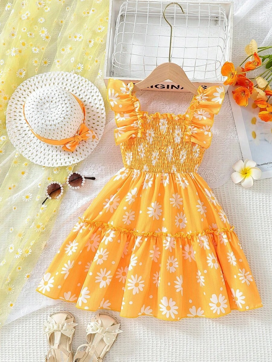 Yellow Floral Printed Sleeve less Girls Dress