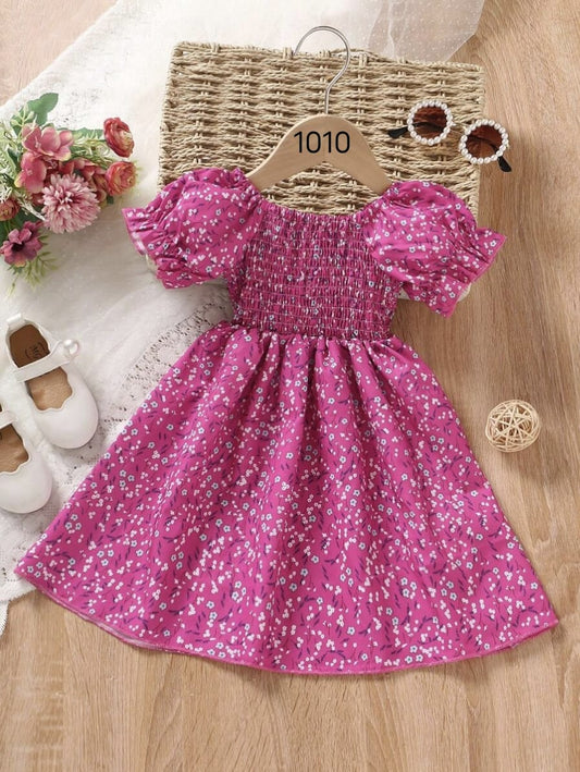 Pink Color Floral Printed Short Sleeve A-Line Baby Dress