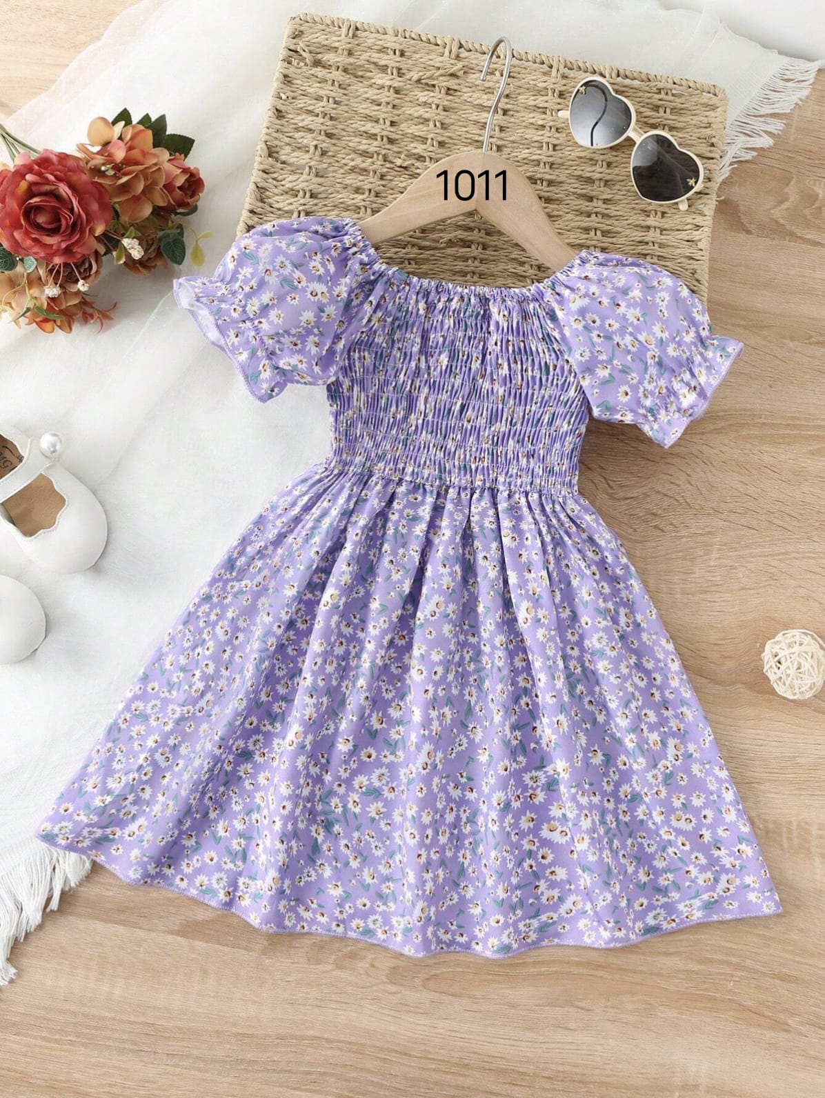 Purple Color Floral Printed Short Sleeve A-Line Baby Dress