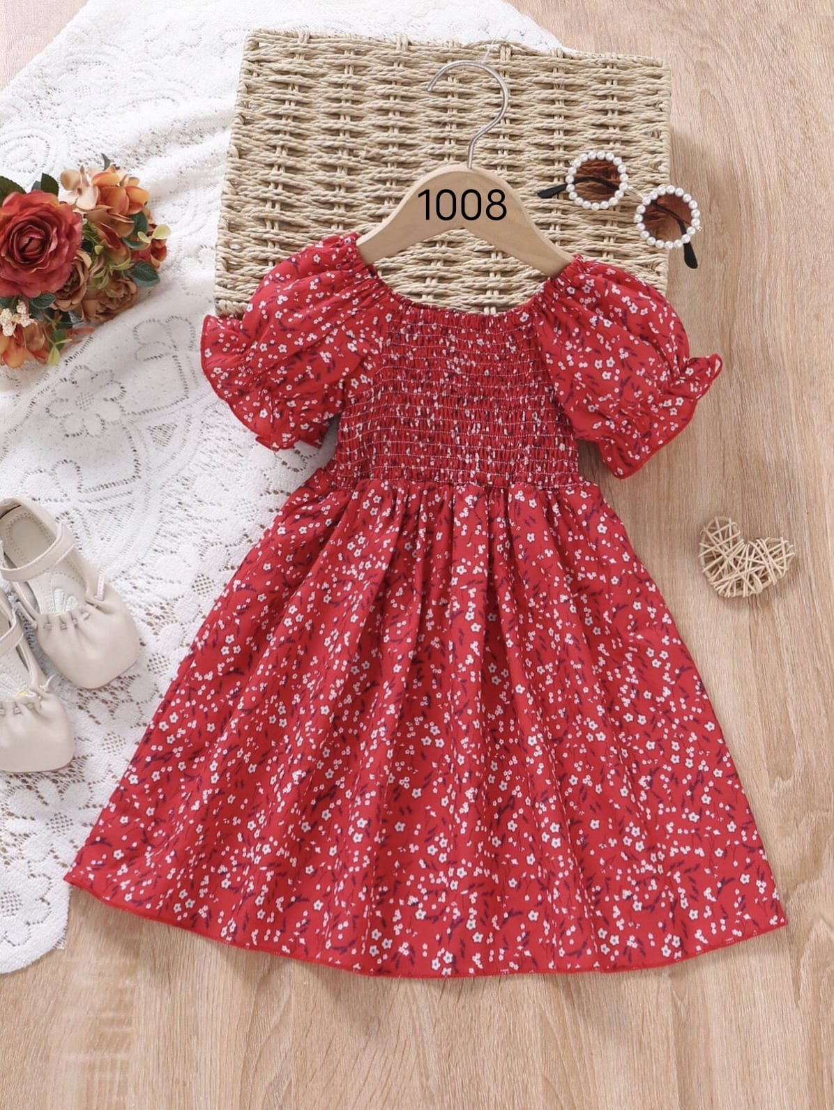 Red Color Floral Printed Short Sleeve Midi Girls Dress
