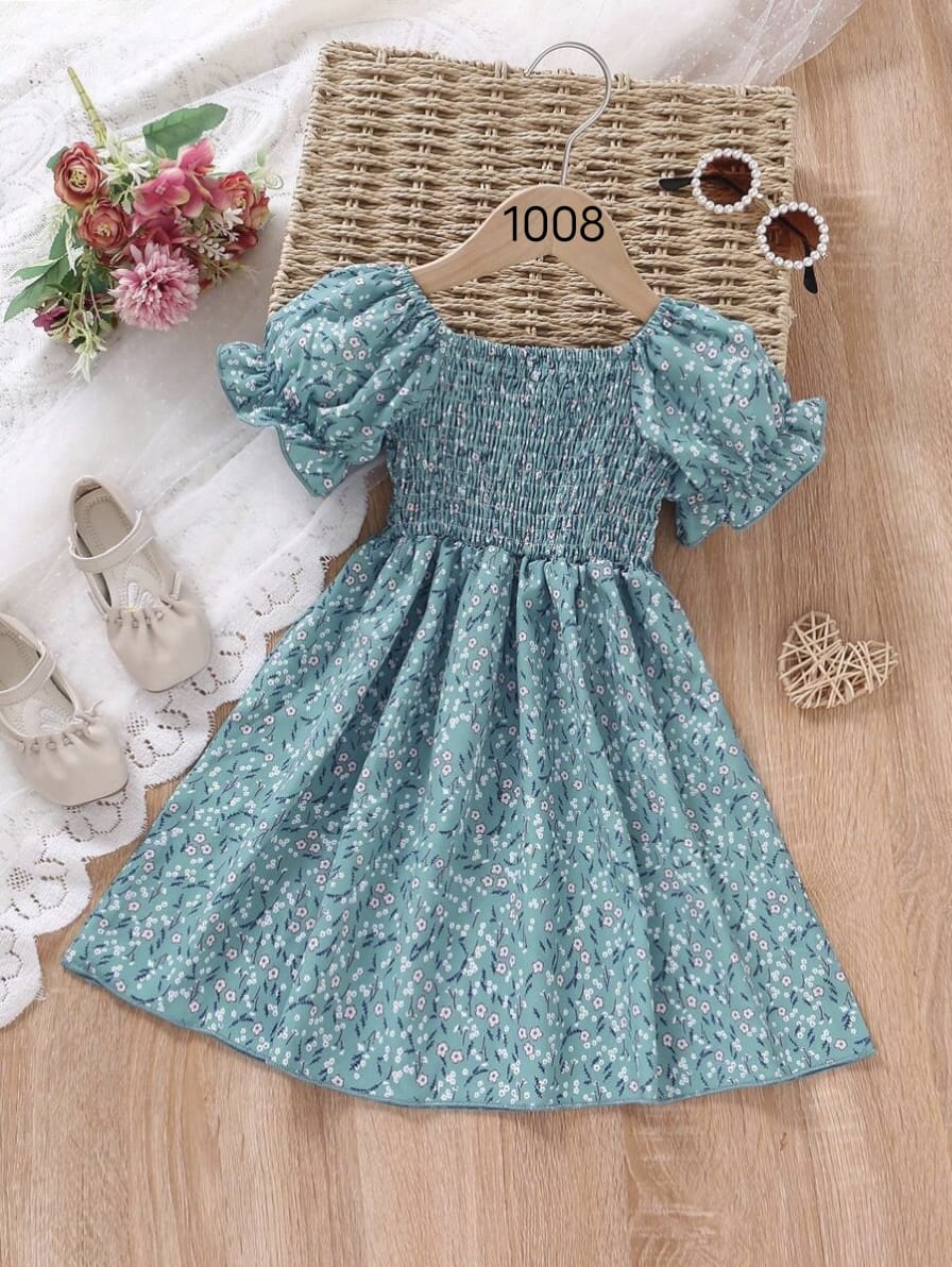 Rama Green Flower Printed Short Sleeve Girls Dress