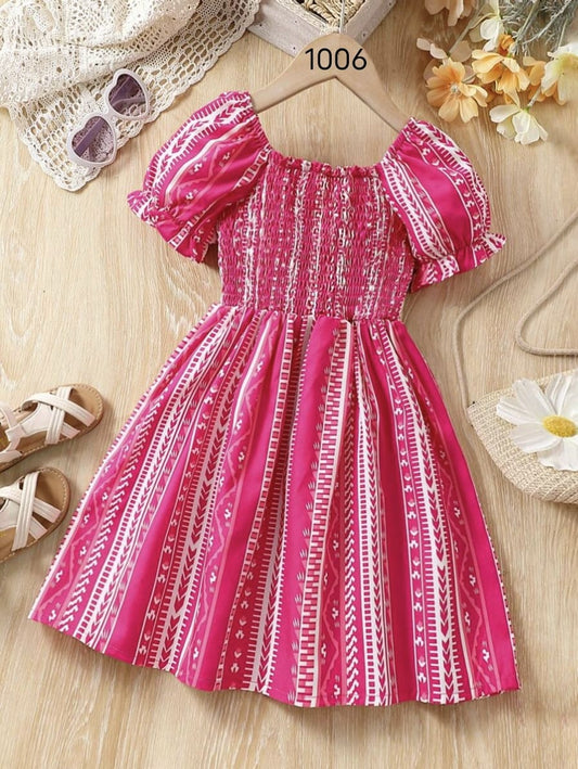 Pink Color Printed Short Sleeve Midi Kids Dress