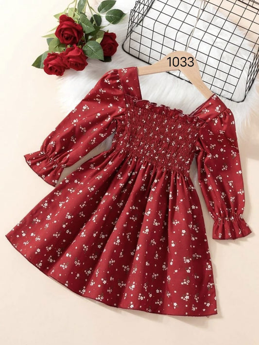 Red Color Floral Printed Full Sleeve Baby Dress