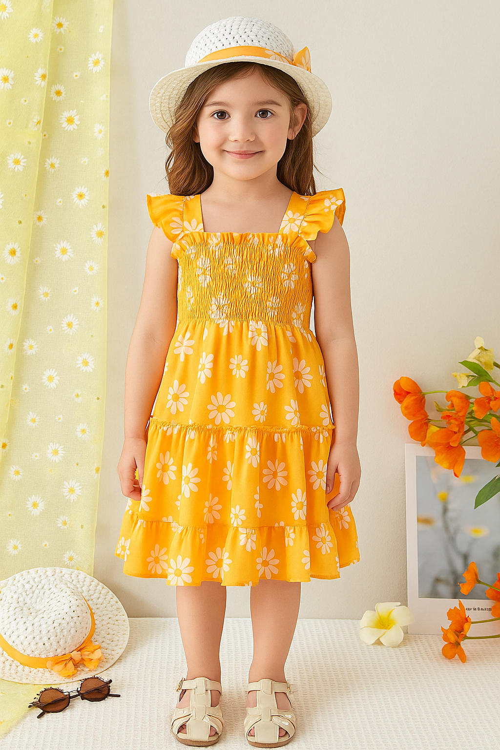 Yellow Floral Printed Sleeve less Girls Dress