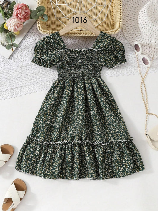 Mehndi Green Floral Printed Short Sleeve A-Line Baby Dress