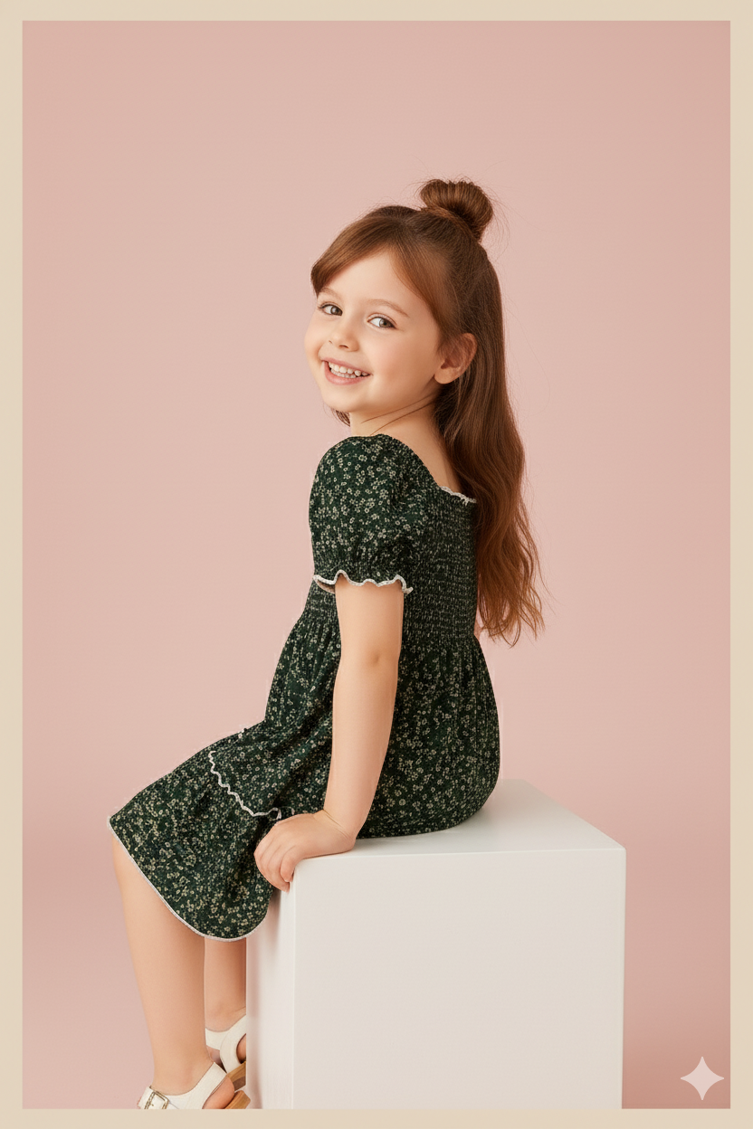 Mehndi Green Floral Printed Short Sleeve A-Line Baby Dress