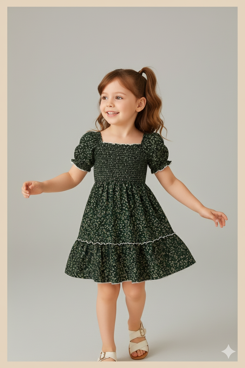 Mehndi Green Floral Printed Short Sleeve A-Line Baby Dress