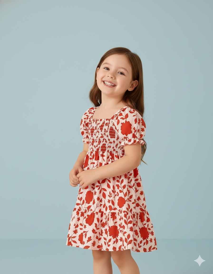 Multi-Color Floral Printed Short Sleeve A-Line Baby Dress