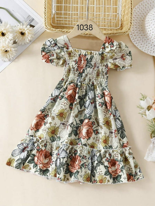 Multicolor Floral Printed Short Sleeve Girl's Dress