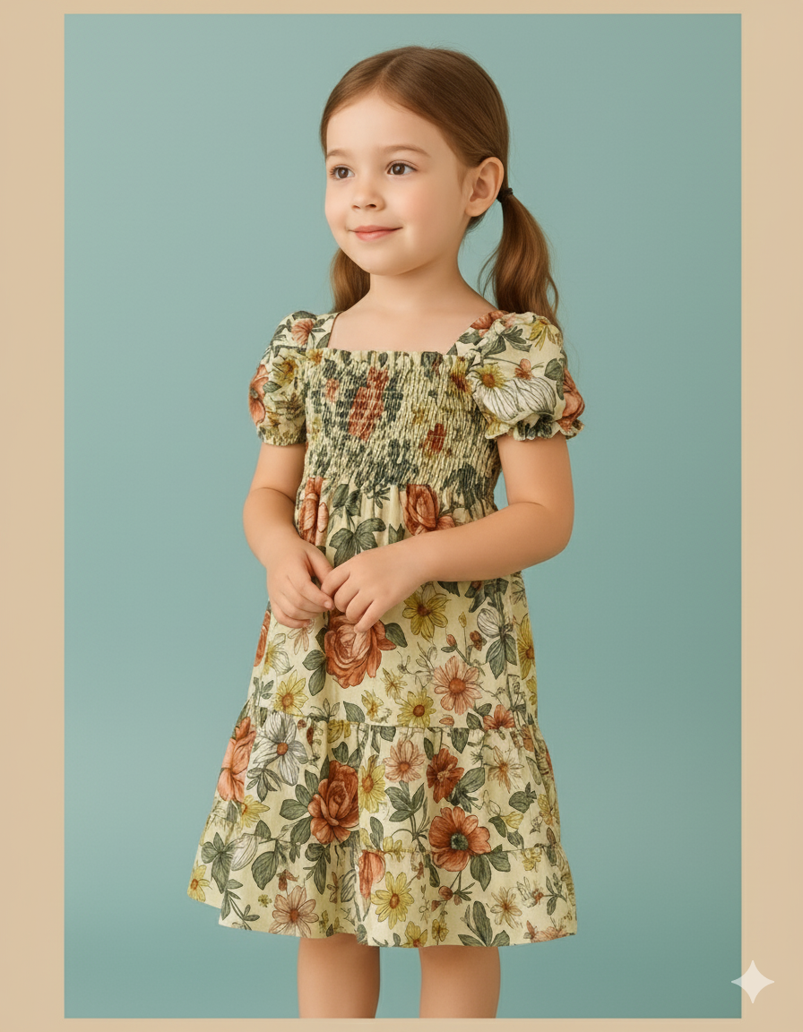 Multicolor Floral Printed Short Sleeve Girl's Dress