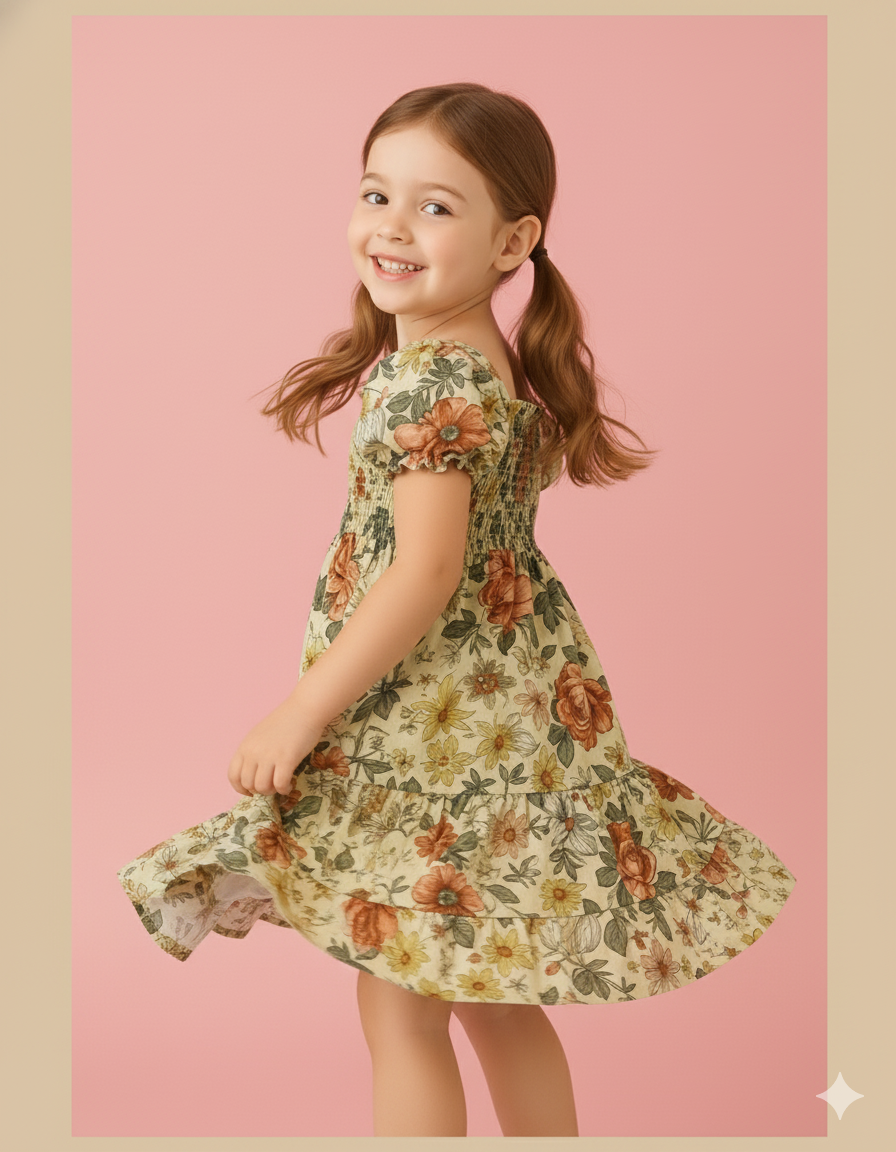 Multicolor Floral Printed Short Sleeve Girl's Dress