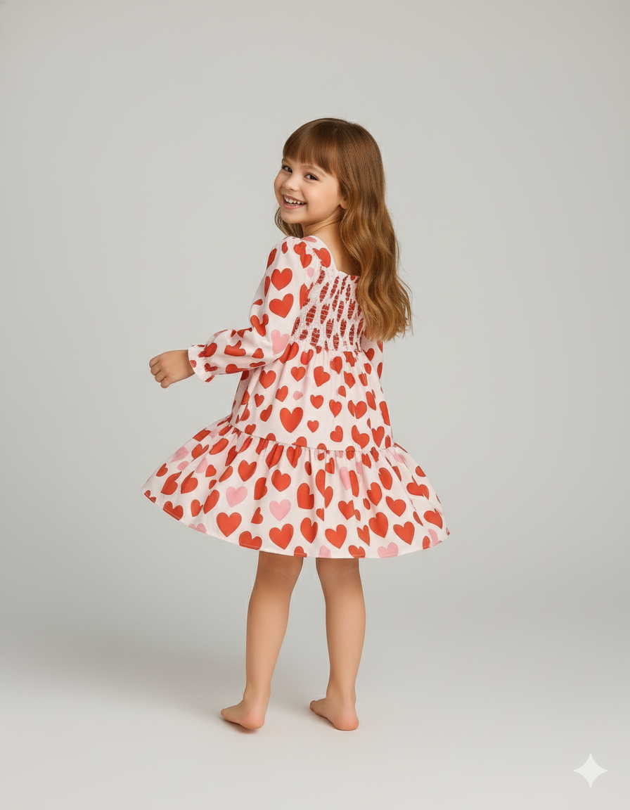 Multicolor Heart Theme Full Sleeve Midi Kids Dress