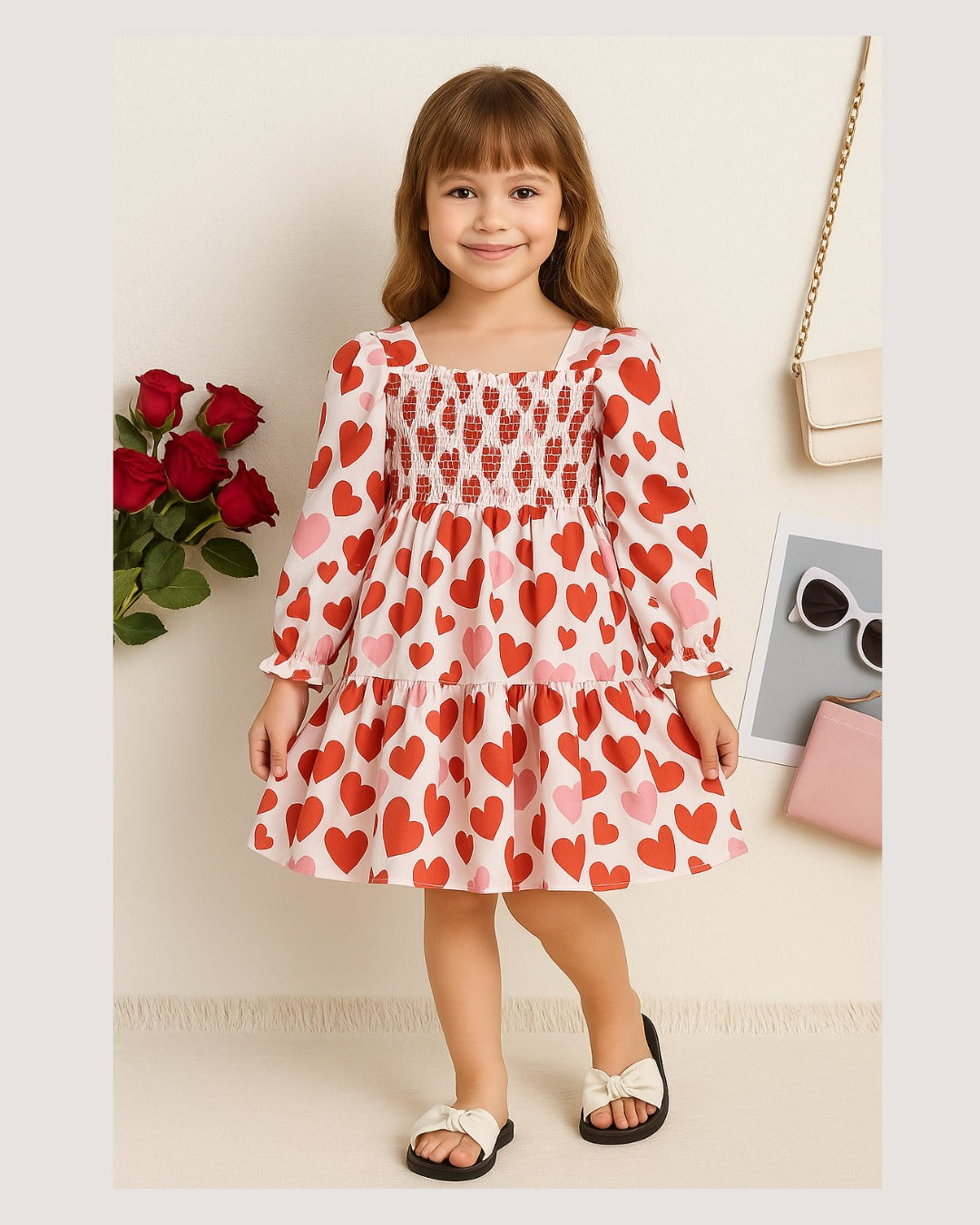 Multicolor Heart Theme Full Sleeve Midi Kids Dress