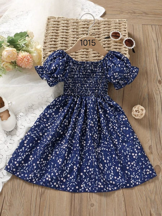 Navy Blue Floral Printed Short Sleeve Midi Baby Dress